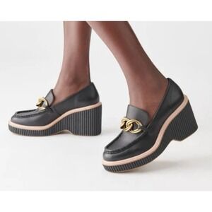 Dolce Vita $140 Women Brenan Chain Platform Wedge Heeled Loafers Black Leather 6